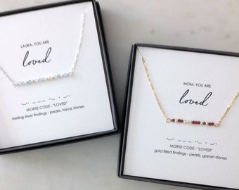 Birthstone l Pearl Morse Code LOVED Necklace, Valentines Day, Mom Gift, Mama, Nana,  Grandma Necklace,  Sister, Aunt, Personalized Jewelry