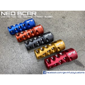 Puede incluir: Cinco componentes cilíndricos NEO BCAR en azul, naranja, negro, dorado y rojo. Cada unidad presenta múltiples rodamientos de bolas pequeños, un extremo moleteado y el texto GF2 REV 315. La imagen incluye el texto NEO BCAR LOW FRICTION 130-300 FPS 7 TWIST AL6061.