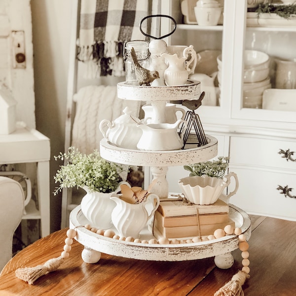 3 Tier White Distressed Tray - Rustic, Cottage, Farmhouse, and Boho Style