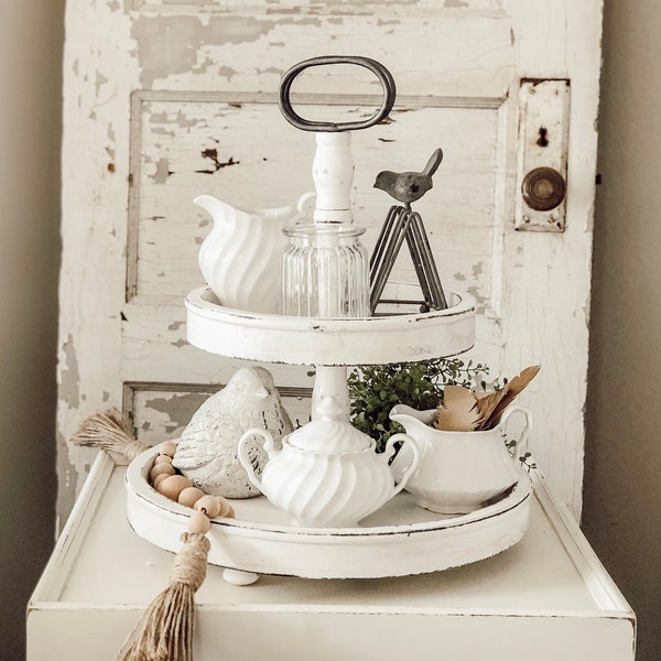 2 Tier White Distressed Tray