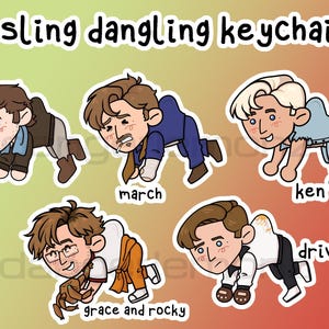 May include: A collection of five cartoon keychains featuring stylized illustrations of Ryan Gosling characters. Each keychain is depicted in a crawling pose, with names like "Lars," "March," and "Ken" below each character. The text "gosling dangling keychains" is at the top.