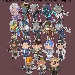 May include: Illustration of multiple cartoon character charms. The charms are in various colors and designs, with the text "vikjayce heart connection charms" at the top. The characters are in a variety of outfits and poses, with a brown background.