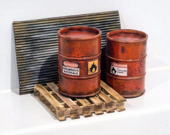 1:12 scale Diorama Accessories Pack - Barrels, Pallet and Rusted Metal Look Sheet