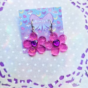 Pink Daisy Earrings | Pink Flower Earrings | Glitter Earrings | Spring Earrings | Summer Earrings