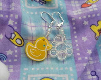 Rubber Ducky Earrings | Yellow Duck Earrings | Kitschy Earrings | Bubble Earrings | Mismatch Earrings