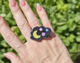 Black Sweet Dreams Ring | Sparkly Black Cloud Ring | Dark Pastel Star Ring | Dark Sweet Lolita Ring | Cloud Ring