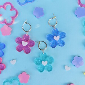Glitter Daisy Hoop Earrings | Pastel Flower Earrings | Glitter Earrings | Spring Earrings | Summer Earrings | Rave Earrings | Rave Fit