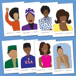 Cartoline nere nella storia, famose donne nere americane, carte femministe, carte illustrate, donne afroamericane, donne di colore