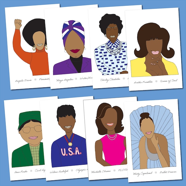 Black Women in History Postcards, famous black American women, feminist cards, illustrated cards, African American women, women of color