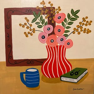 Original acrylic floral still life painting, quirky floral artwork, colorful painted flowers in vase, Funky Floral Fusion, mums