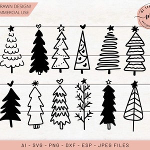Christmas Tree SVG PNG Bundle, Christmas Tree Cut File, Pine Tree Clipart, Pine Hand Drawn, Xmas Trees Svg, Pine Tree Outline, AI Files
