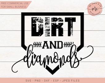 May include: Black and white graphic design with a baseball diamond shape. The text "DIRT AND diamonds" is written in a stylized font.