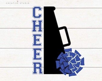 Op de afbeelding: Een digitaal grafisch ontwerp met het woord CHEER in blauwe blokletters verticaal gestapeld, naast een zwart silhouet van een megafoon en een blauwe pompon. De tekst MC CRAFT & CO CREATIVE STUDIO staat in de linkerbovenhoek.