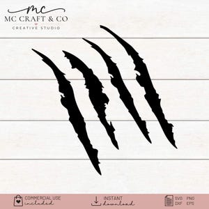 May include: A black graphic design featuring four jagged claw marks arranged diagonally. The image includes the text MC CRAFT & CO CREATIVE STUDIO at the top, and icons with the text COMMERCIAL USE included, INSTANT download, and SVG PNG DXF EPS.
