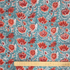 Indian block printed cotton muslin, hand made. Turquoise tulips Jaipur blockprint image 7