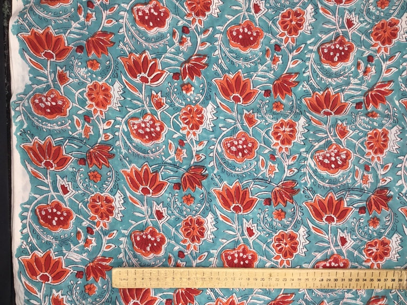 Indian block printed cotton muslin, hand made. Turquoise tulips Jaipur blockprint image 7