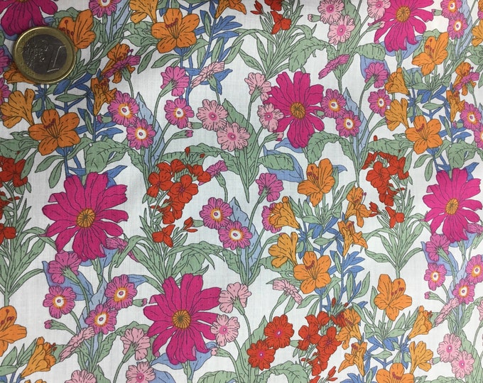 English Pima lawn cotton fabric, orange and pink field flowers