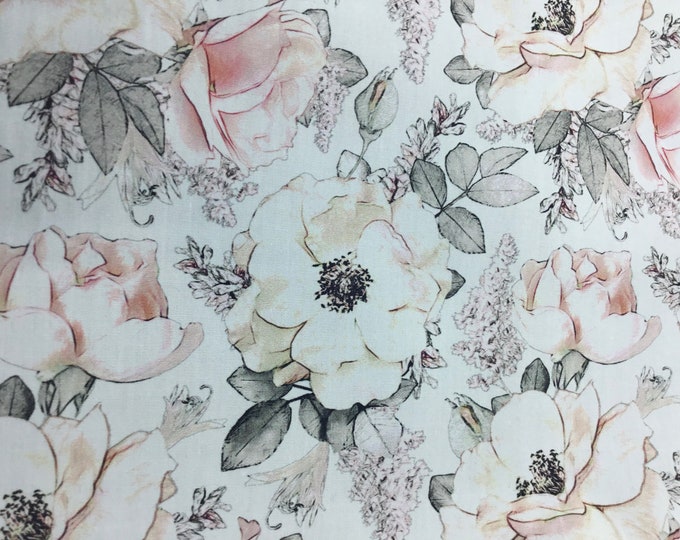 High quality cotton poplin, digital floral print on off white