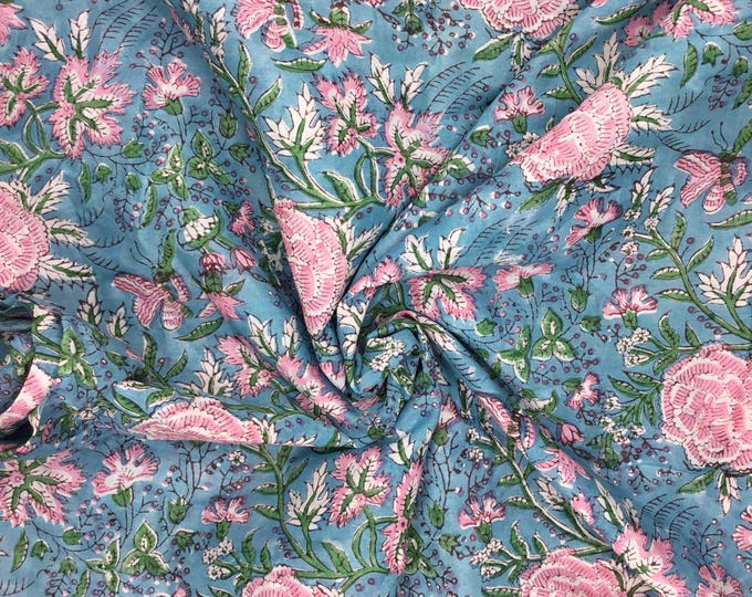Indian block printed cotton voile, hand made. Turquoise Jaipur