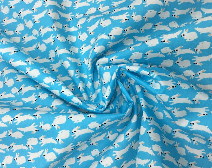 Rose and Hubble cotton poplin, rabbit print on sky blue