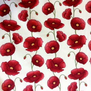 High quality cotton poplin, poppies on off white