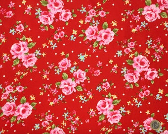 Popeline de coton japonaise, roses anglaises sur fond rouge