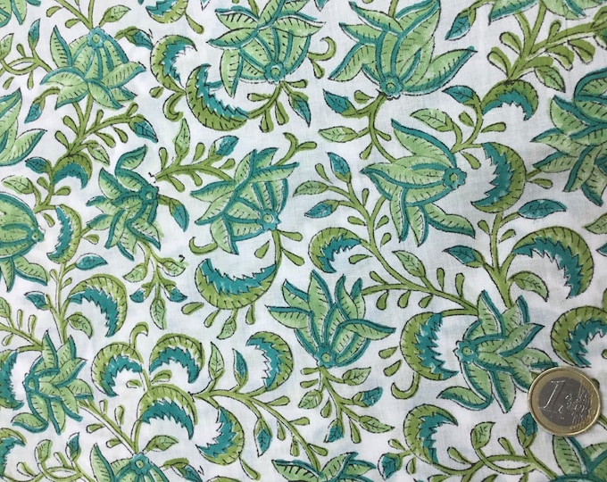 Indian block printed cotton muslin, hand made. Green foilage