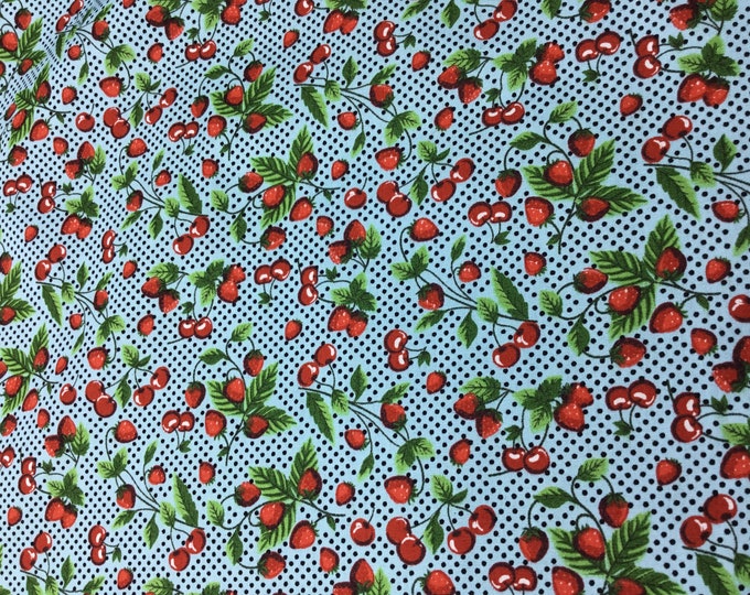 High quality cotton poplin. Strawberries and cherries on blue