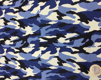 Popeline de coton oekotex, imprimé camouflage tons bleus