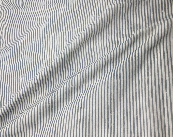 Indian block printed cotton muslin, hand made. Green/grey stripes Jaipur blockprint