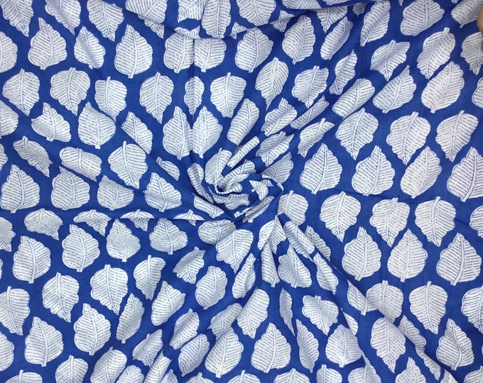 Indian block printed cotton voile, hand made. Blue foliage Jaipur block print