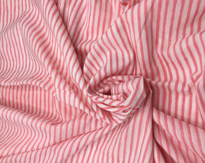 Indian block printed cotton muslin, hand made. Pink stripes Jaipur blockprint