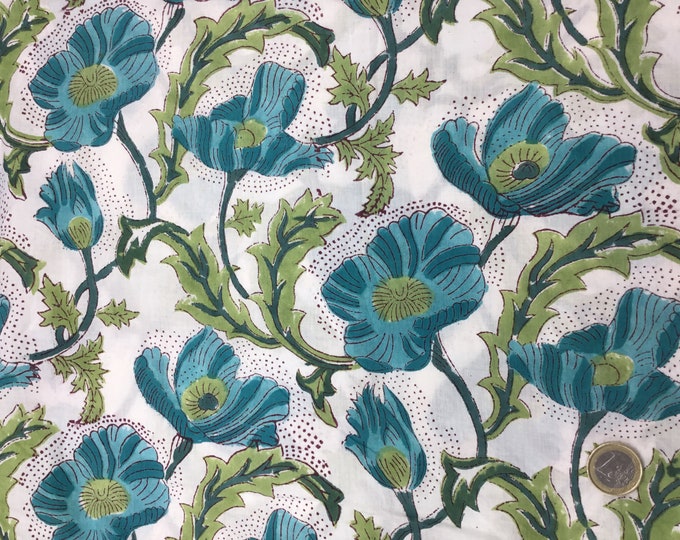 Indian block printed cotton muslin, hand made. Lagoon green poppies