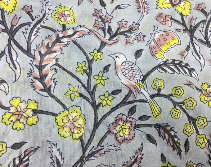 Indian block printed cotton voile, hand made. Grey birds Jaipur