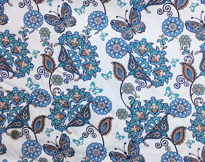 High quality cotton poplin, digital blue paisley print