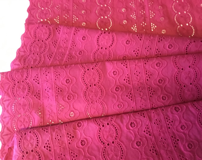 Hot pink embroidery anglaise, eyelet or broderie anglais cotton fabric, scalloped edges