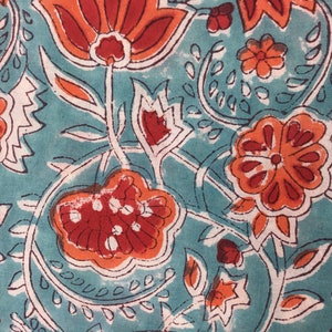 Indian block printed cotton muslin, hand made. Turquoise tulips Jaipur blockprint image 3