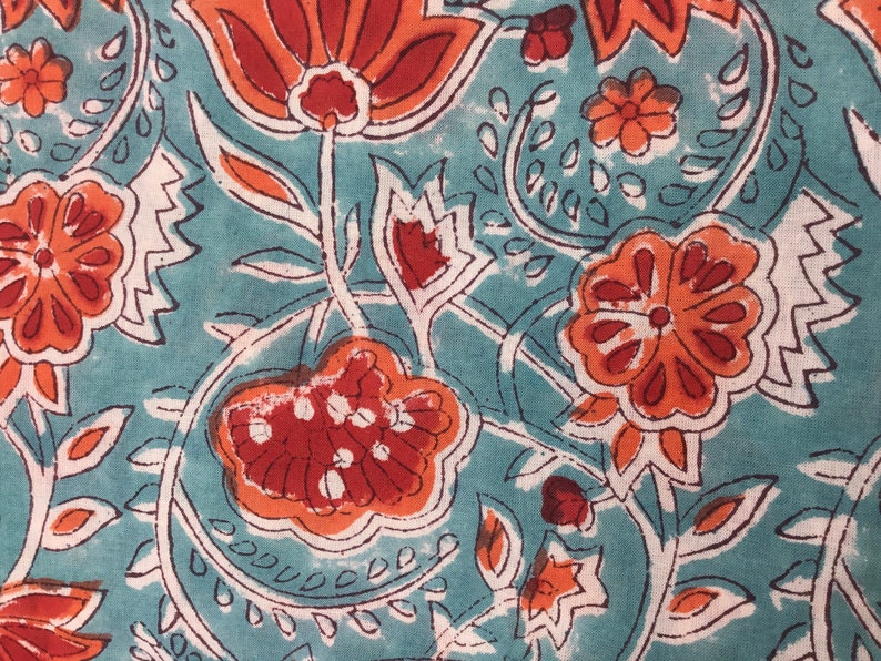 Indian block printed cotton muslin, hand made. Turquoise tulips Jaipur blockprint image 3