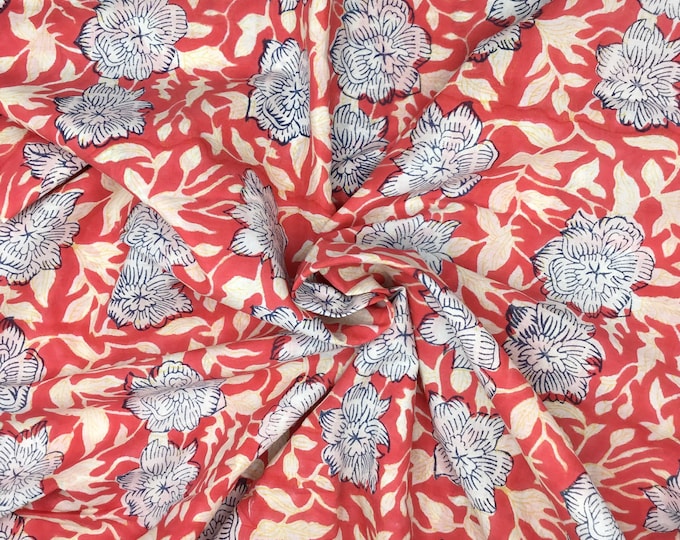 Indian block printed cotton voile, hand made. Red and blue Jaipur