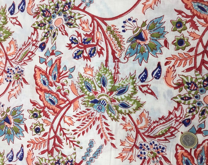 Indian block printed cotton muslin, hand made, peach Floral foliage Jaipur print