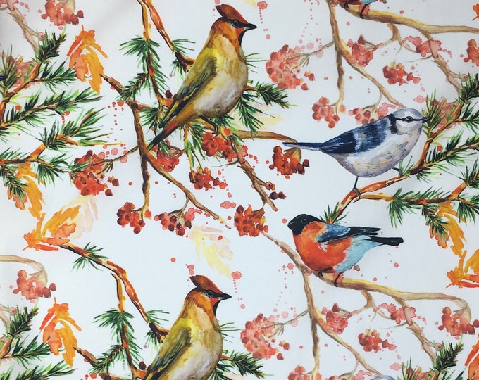 High quality cotton poplin, digital bird and foliage print on white