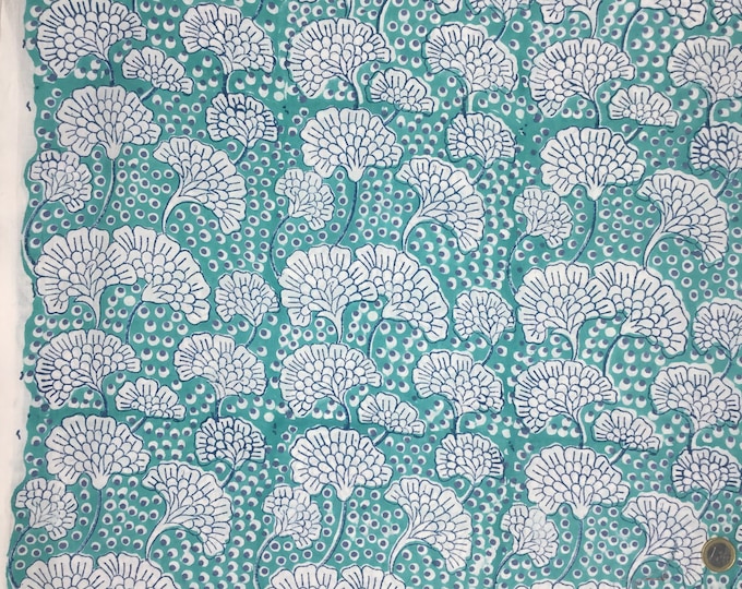 Indian block printed cotton muslin or blockprint cotton voile, hand made. Ginkgo leaves Jaipur blockprint