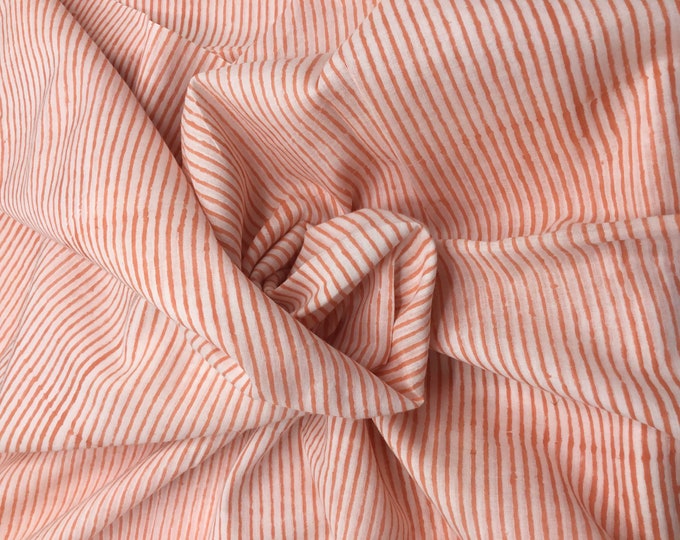 Indian block printed cotton muslin, hand made. Coral pink stripes Jaipur blockprint