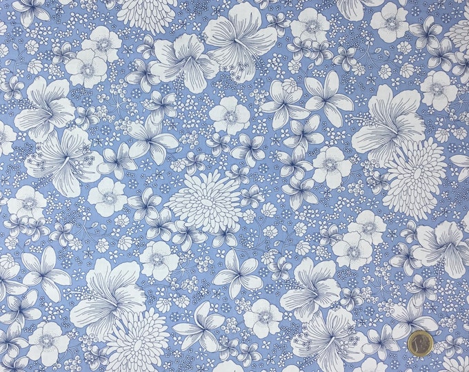 Genuine Pima lawn cotton fabric, Hibiscus on baby blue