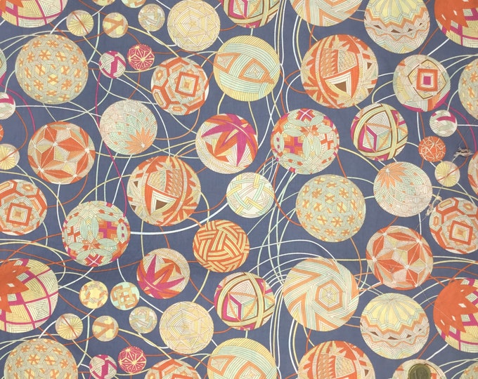 English Pima lawn cotton fabric, geometrical spheres on indogo