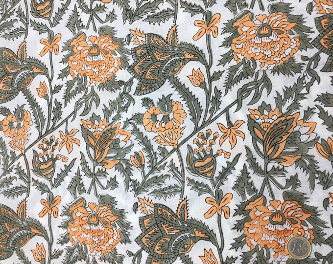 Indian block printed cotton muslin, hand made, autumn floral Jaipur blockprint