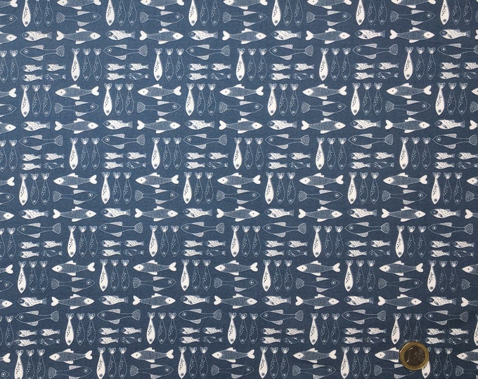High quality cotton poplin, fish print on duck blue