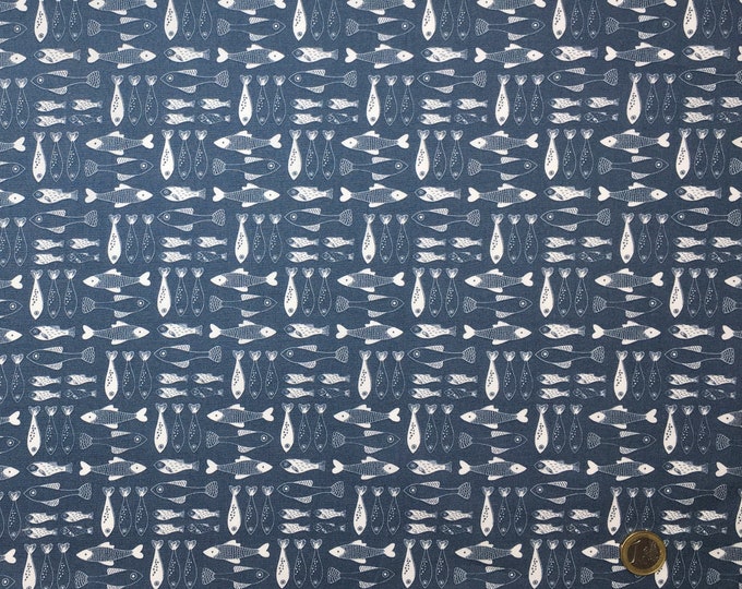 High quality cotton poplin, fish print on duck blue