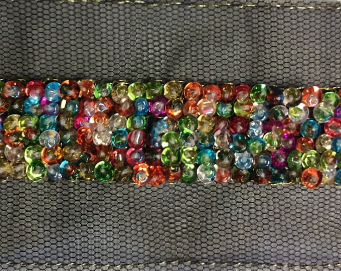 Black ribbon embroidered with multicolored beads and sequins, sold in 25cm lengths