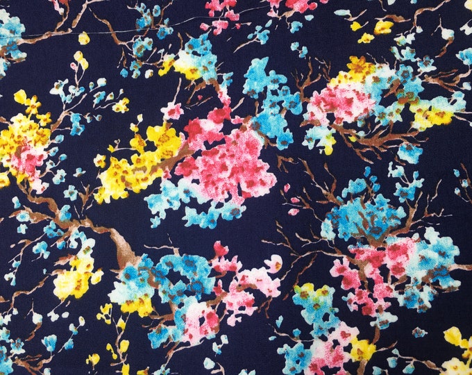 Cotton poplin with floral Sakura print on navy